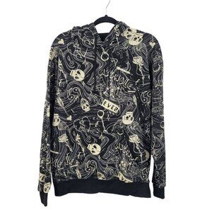 Y2K Unisex Black Graphic Hoodie Sz M Skull Skater‎ Grunge Gothic Streetwear